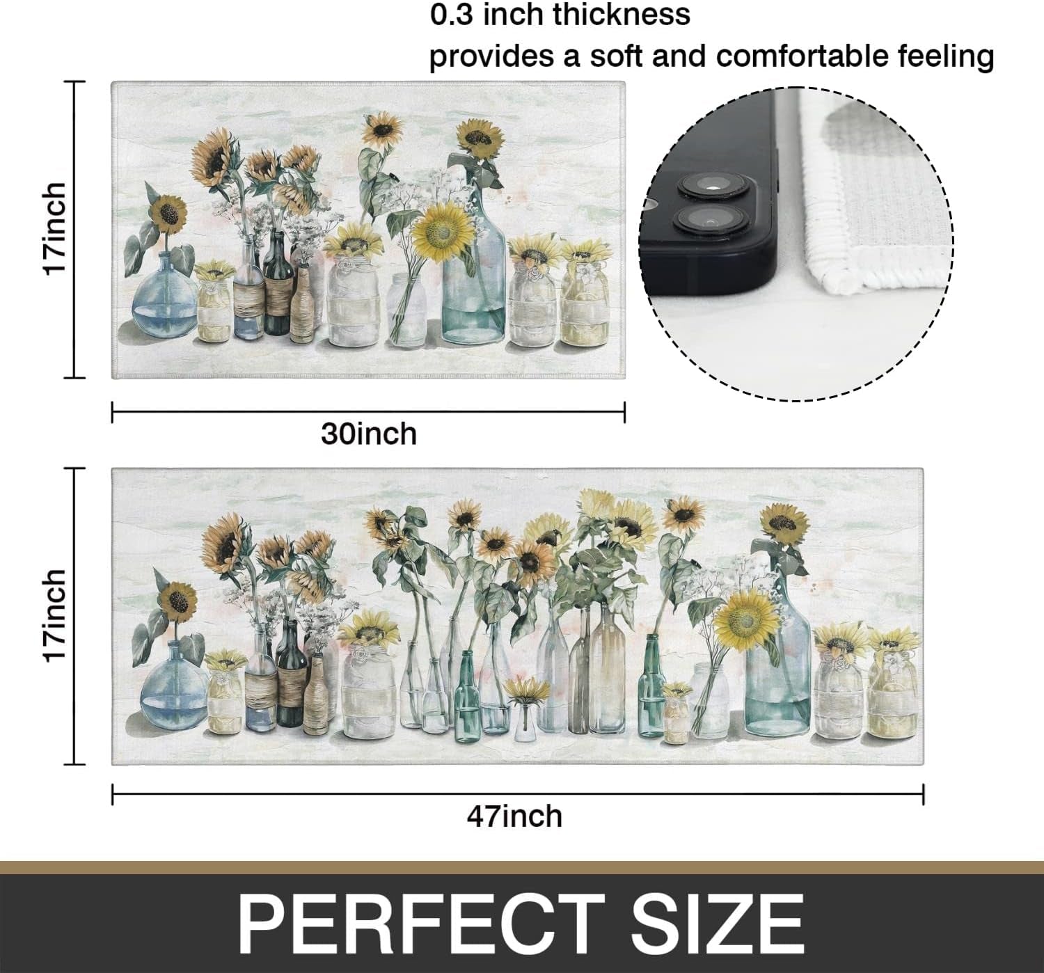 Sunflower Farmhouse Kitchen Rugs Set of 2,Colorful Spring Summer Flowers Kitchen Rugs and Mats Non Skid Washable,Farmhouse Kitchen Runner Rugs with Rubber Backing (17"X48"+17"X30")
