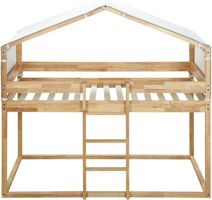 House Bunk Bed with Tent, Twin over Twin Floor Bunk Bed Frame, Kids Playhouse Bunk Bed with Roof and Ladder for Boys Girls Teens, Natural