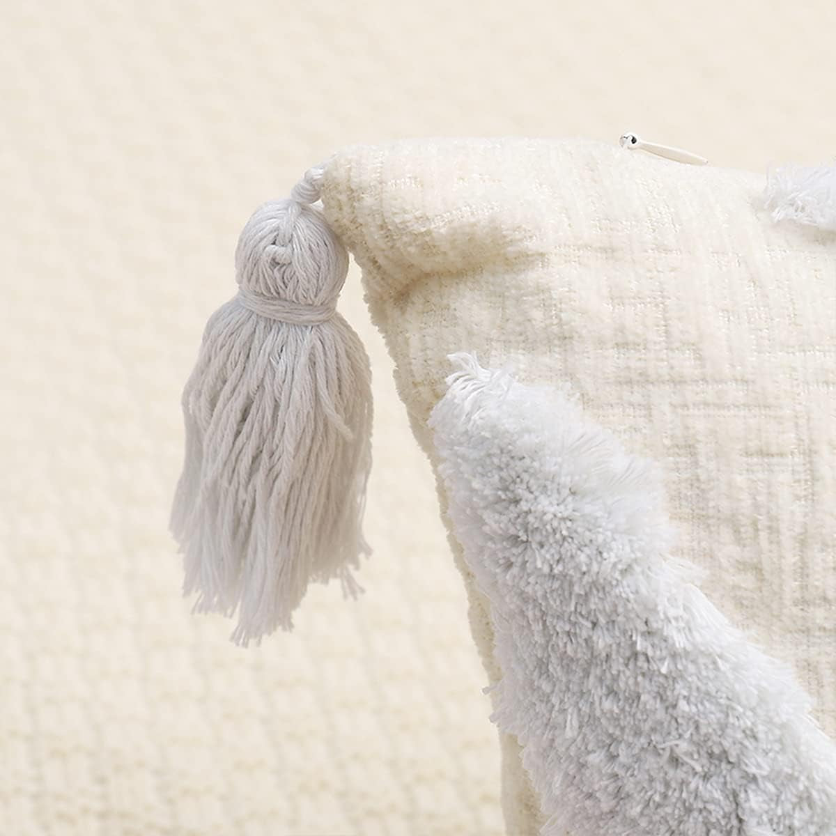 Boho White Throw Pillow Cover 18X18 Inch with Tassels, Chevron Tufted Decorative Cream Soft Chenille Fabric Accent Textured Cushion Case for Bed Couch, 1 PC Cover Only No Insert