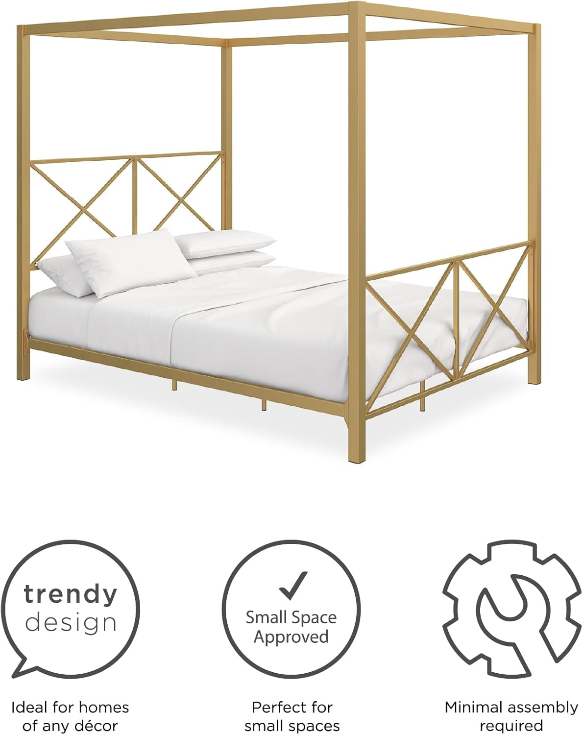 Rosedale Metal Canopy Bed Frame with Four Poster Design and Geometric Accented Headboard and Footboard, Underbed Storage Space, Full, Gold
