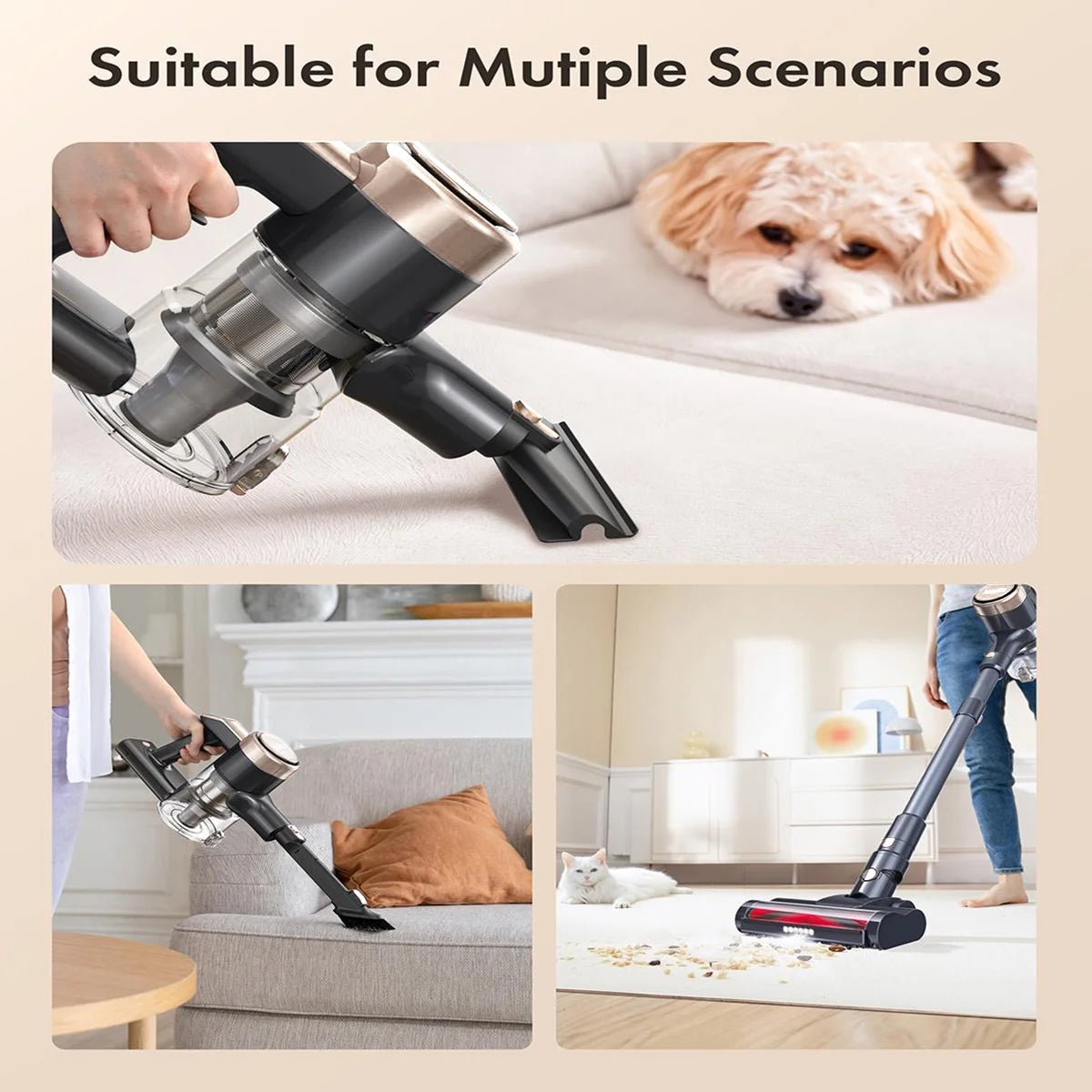 Cordless Vacuum Cleaner, 300W 23Kpa Powerful Suction Vacuum with LED Display, 3 Suction, 48Mins Runtime, Lightweight Stick Cleaner with Sofa Brush for Hard Floor/Carpet/Pet Hair/Car, Black