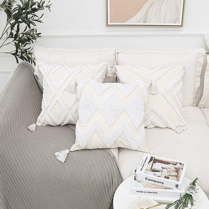 Boho White Throw Pillow Cover 18X18 Inch with Tassels, Moroccan Tufted Decorative Cream Chenille Fabric Accent Textured Cushion Case for Bed Couch, 1 PC