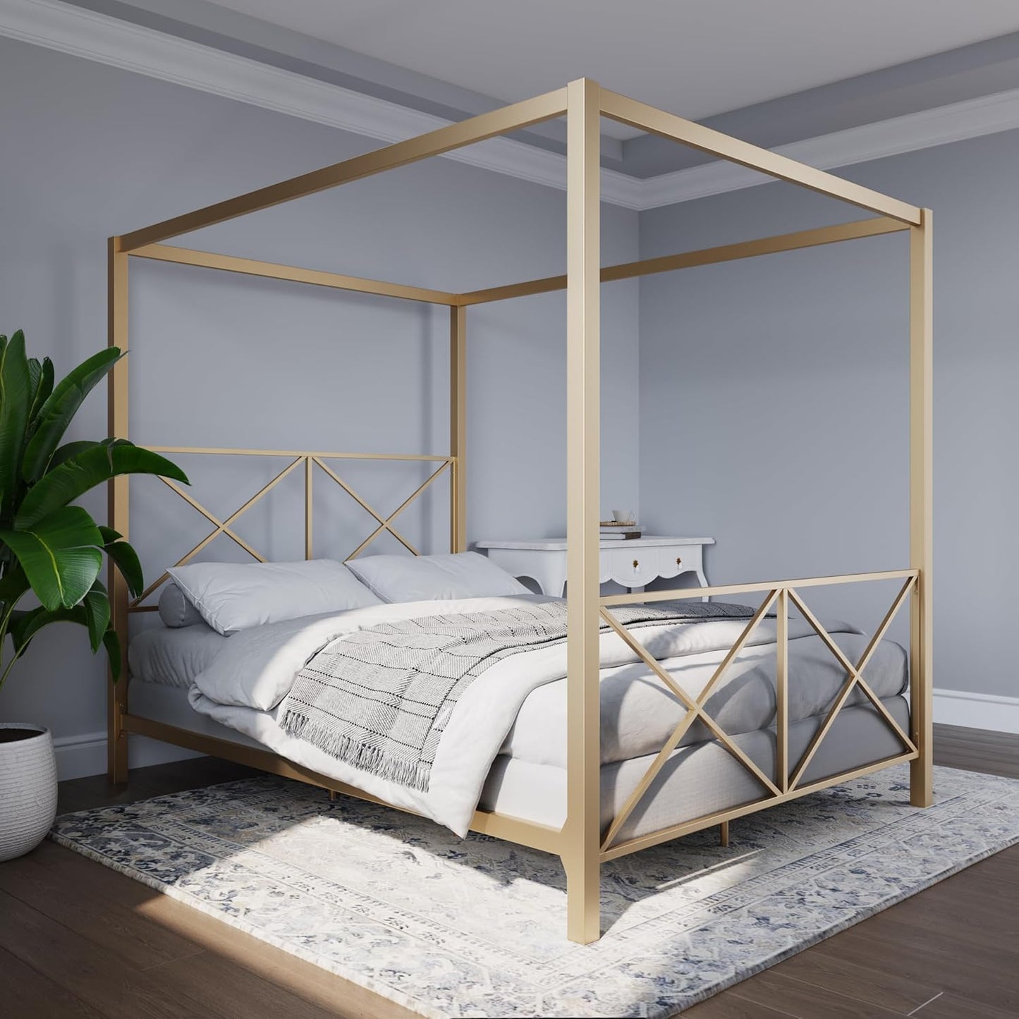 Rosedale Metal Canopy Bed Frame with Four Poster Design and Geometric Accented Headboard and Footboard, Underbed Storage Space, Full, Gold