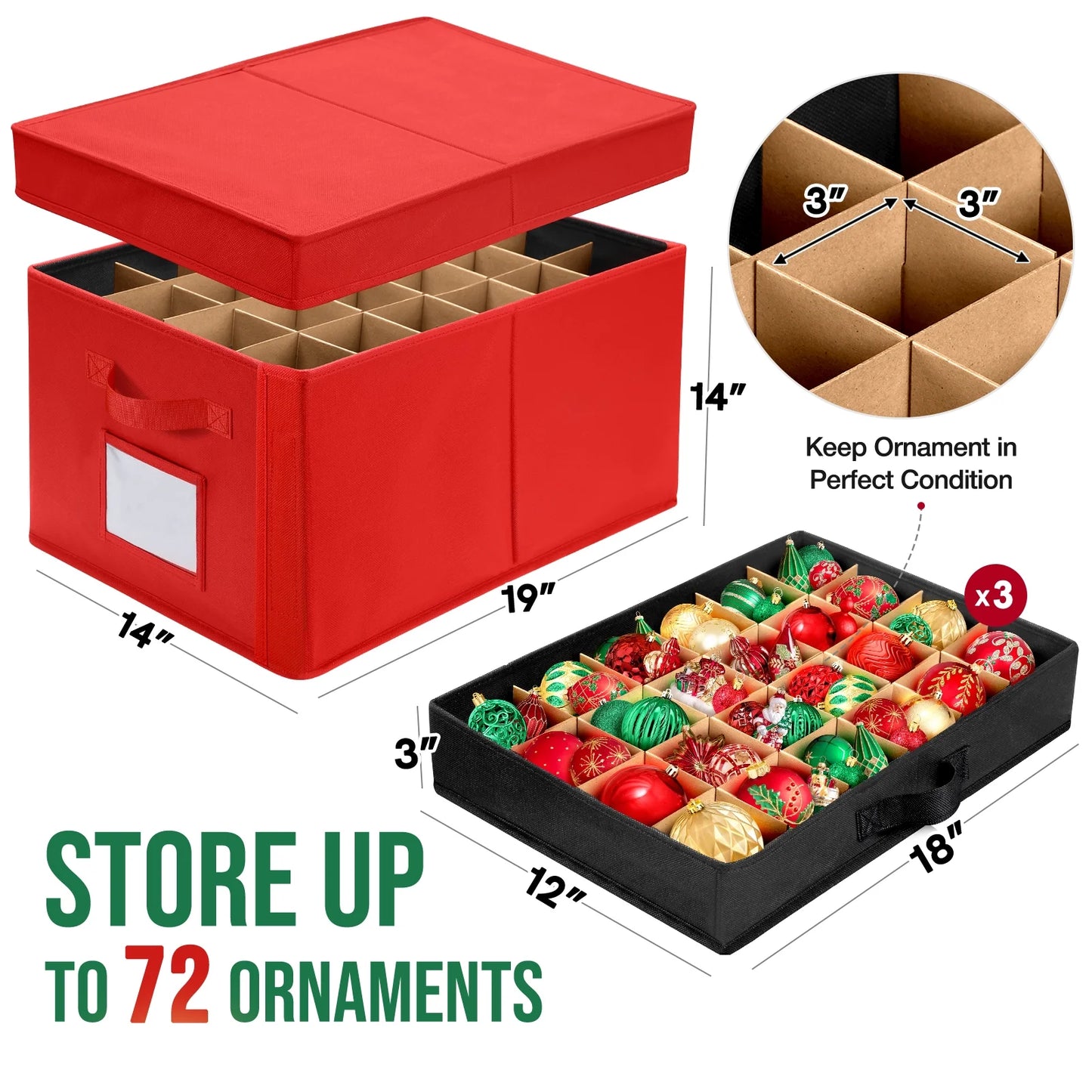 Premium Large Christmas Ornament Storage Box, Christmas Ornament Organizer, with Side Open, 3 Removable Trays - Keeps 72 Holiday Ornaments, Red