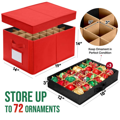 Premium Large Christmas Ornament Storage Box, Christmas Ornament Organizer, with Side Open, 3 Removable Trays - Keeps 72 Holiday Ornaments, Red