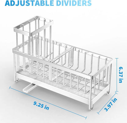 Cisily Silver Sponge Holder for Kitchen Sink, Sink Caddy Organizer with High Brush Holder, Kitchen Countertop Organizers and Storage Essentials, Rustproof 304 Stainless Steel, Soap Dispenser Organize