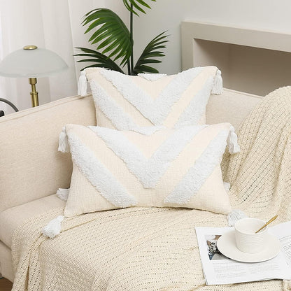 Boho White Throw Pillow Cover 18X18 Inch with Tassels, Chevron Tufted Decorative Cream Soft Chenille Fabric Accent Textured Cushion Case for Bed Couch, 1 PC Cover Only No Insert