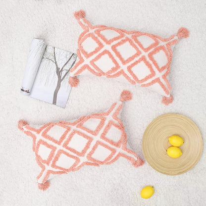 Boho Pink Lumbar Throw Pillow Cover 12X20 Inch with Tassels, Moroccan Tufted Cream Chenille Fabric Small Accent Textured Cushion Case for Bed Couch, 1 PC