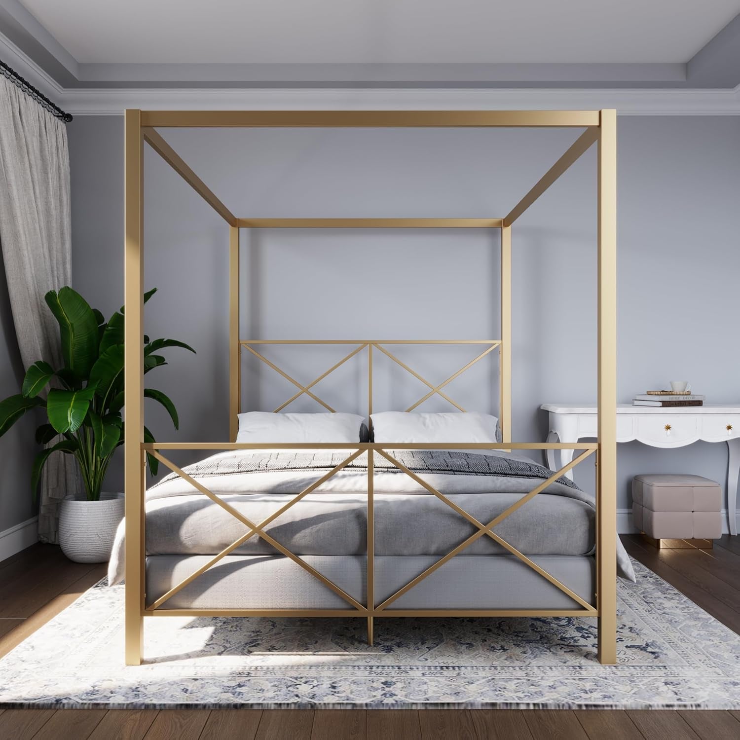 Rosedale Metal Canopy Bed Frame with Four Poster Design and Geometric Accented Headboard and Footboard, Underbed Storage Space, Full, Gold