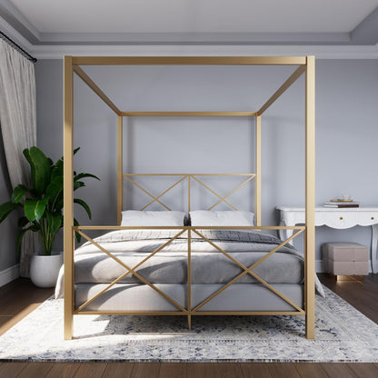 Rosedale Metal Canopy Bed Frame with Four Poster Design and Geometric Accented Headboard and Footboard, Underbed Storage Space, Full, Gold