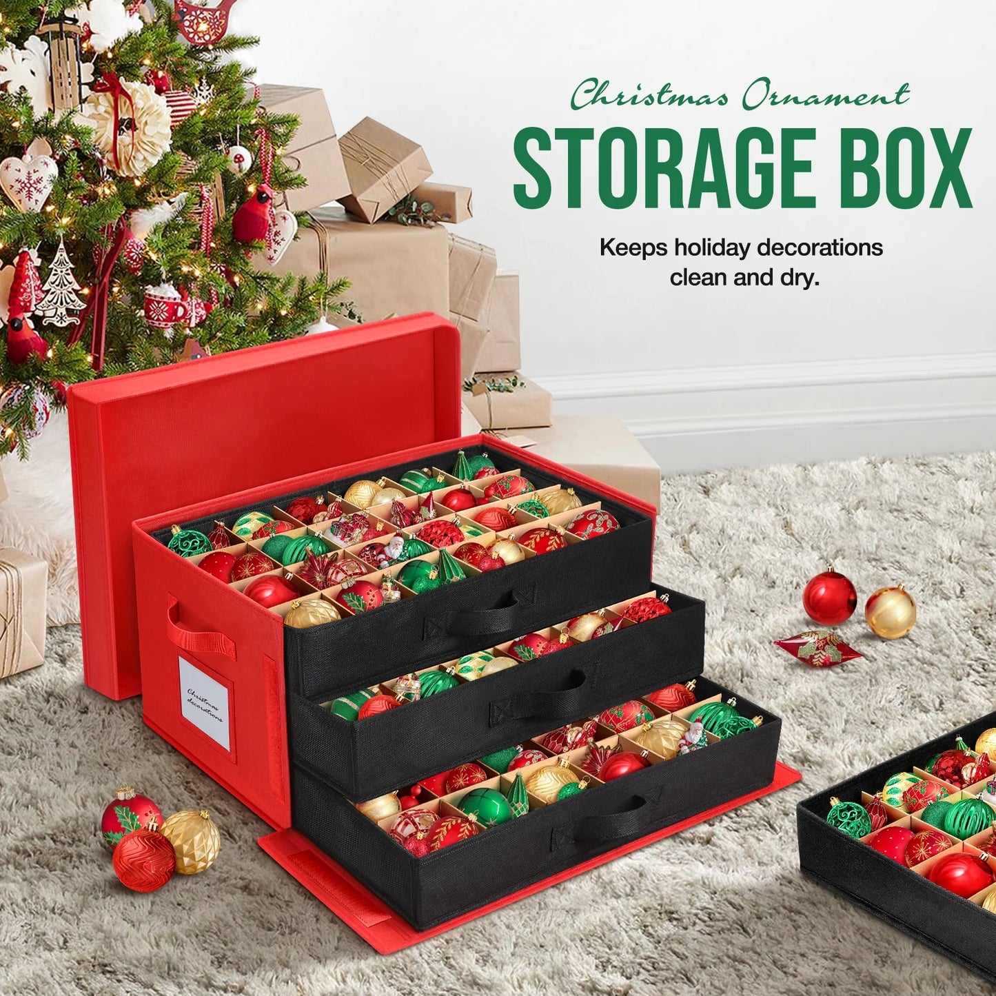 Premium Large Christmas Ornament Storage Box, Christmas Ornament Organizer, with Side Open, 3 Removable Trays - Keeps 72 Holiday Ornaments, Red