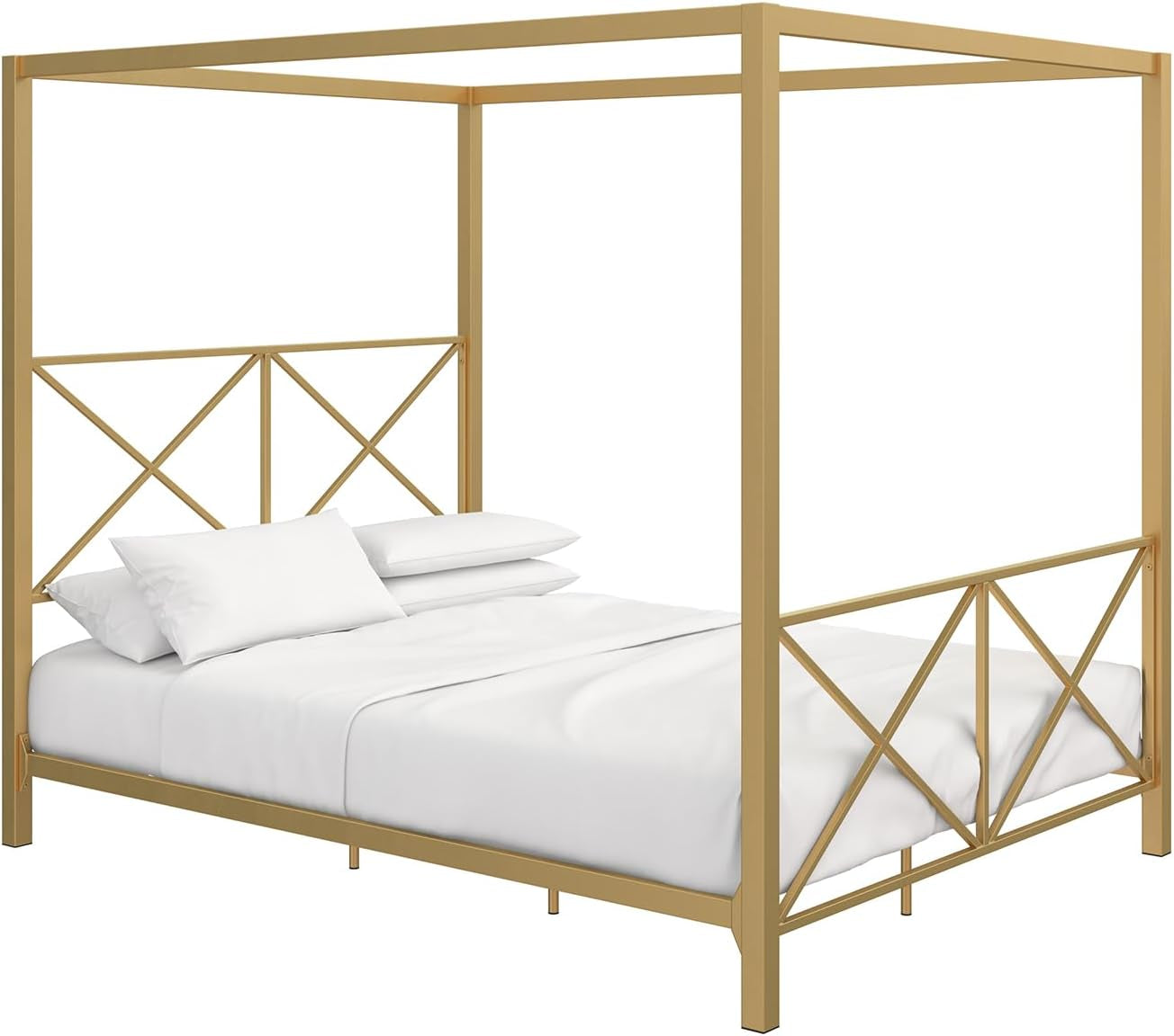 Rosedale Metal Canopy Bed Frame with Four Poster Design and Geometric Accented Headboard and Footboard, Underbed Storage Space, Full, Gold