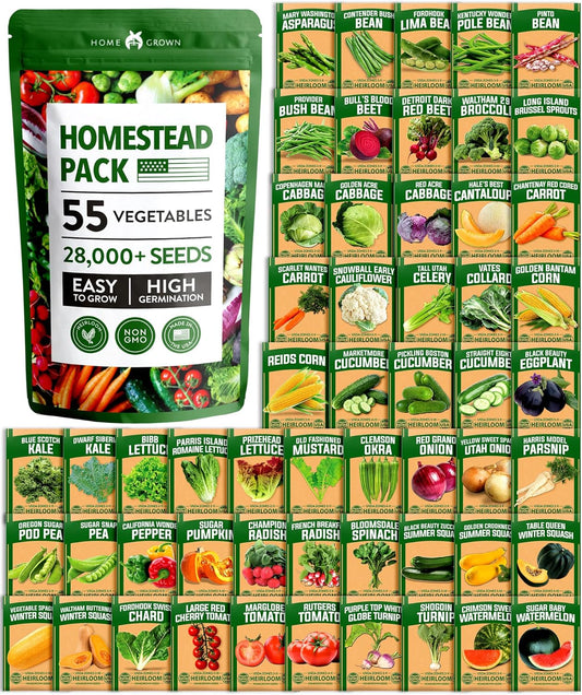 𝗨𝗦𝗔 𝗣𝗥𝗘𝗠𝗜𝗨𝗠 55 Vegetable Seeds Pack 28,000+ Non-Gmo Heirloom Seeds for Planting Vegetables, Survival Seed Vault, Garden Kit for Spring Fall Winter, Gift for Gardeners