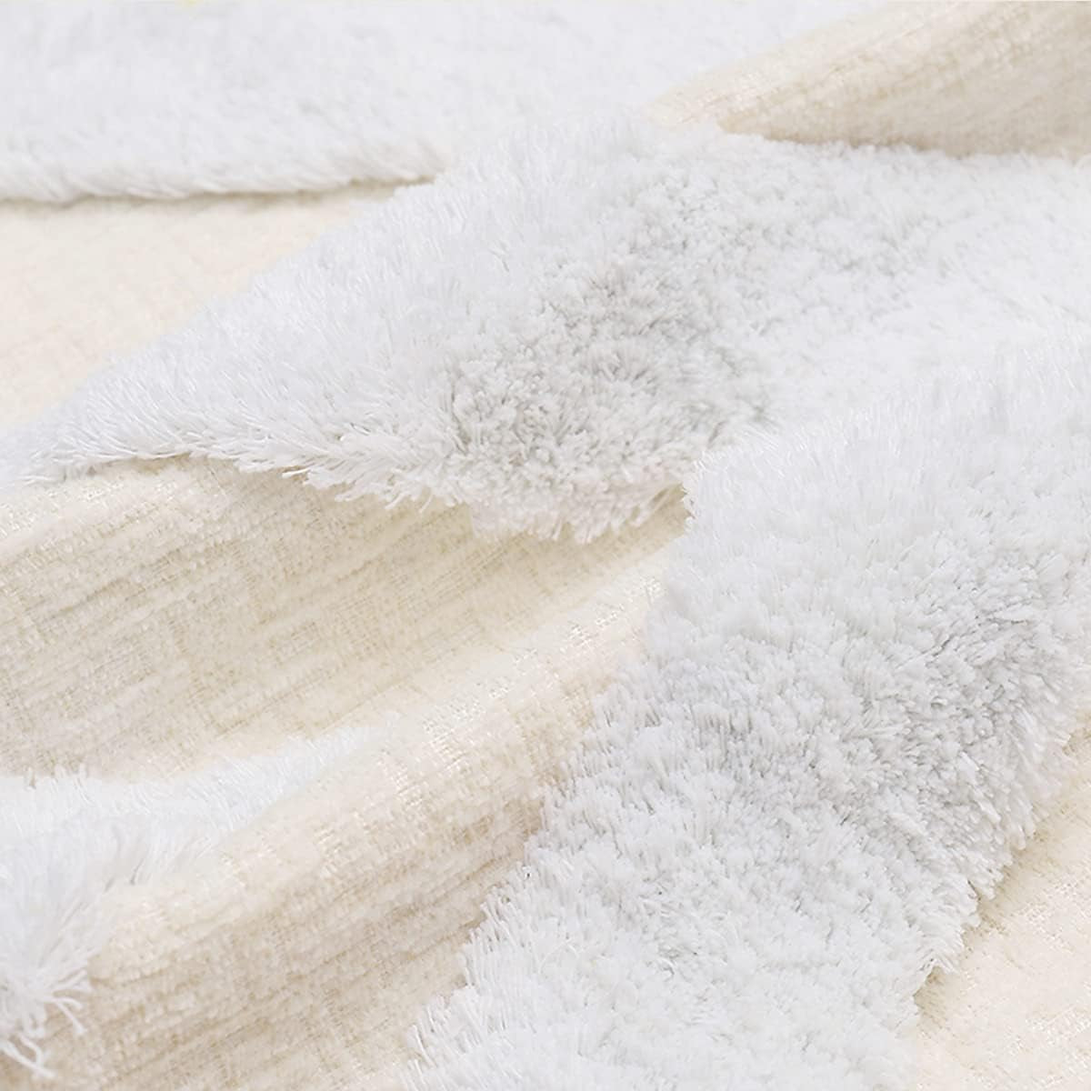 Boho White Throw Pillow Cover 18X18 Inch with Tassels, Chevron Tufted Decorative Cream Soft Chenille Fabric Accent Textured Cushion Case for Bed Couch, 1 PC Cover Only No Insert