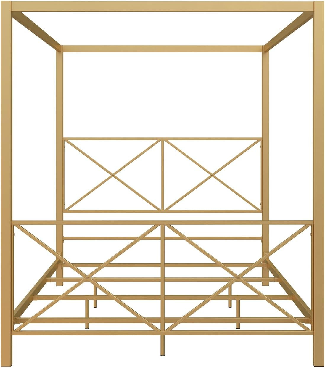 Rosedale Metal Canopy Bed Frame with Four Poster Design and Geometric Accented Headboard and Footboard, Underbed Storage Space, Full, Gold