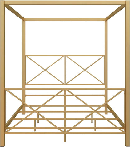 Rosedale Metal Canopy Bed Frame with Four Poster Design and Geometric Accented Headboard and Footboard, Underbed Storage Space, Full, Gold