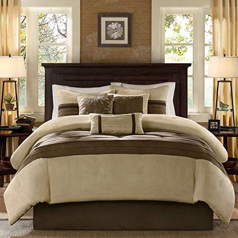 Palmer Comforter Set-Luxury Faux Suede Design, Striped Accent, All Season down Alternative Bedding, Matching Shams, Decorative Pillow, Bed Skirt, Queen (90 in X 90 In), Natural 7 Piece