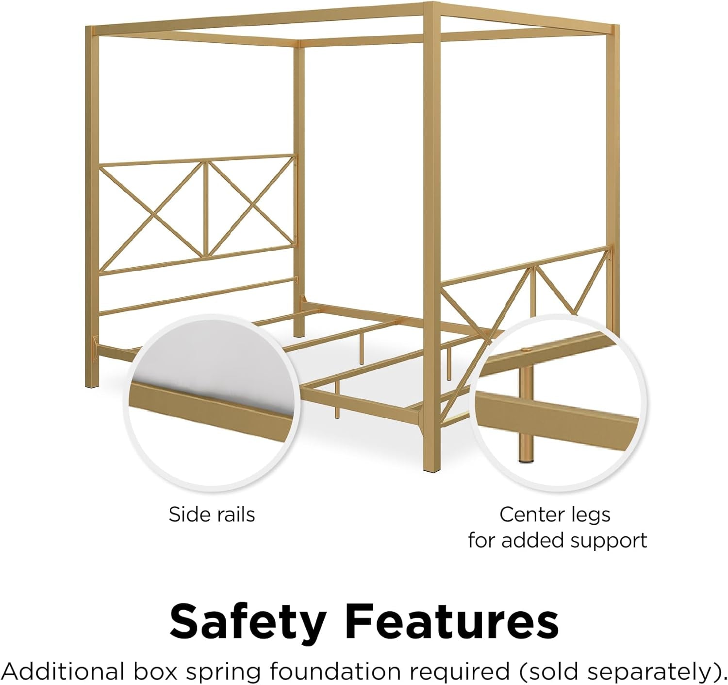 Rosedale Metal Canopy Bed Frame with Four Poster Design and Geometric Accented Headboard and Footboard, Underbed Storage Space, Full, Gold