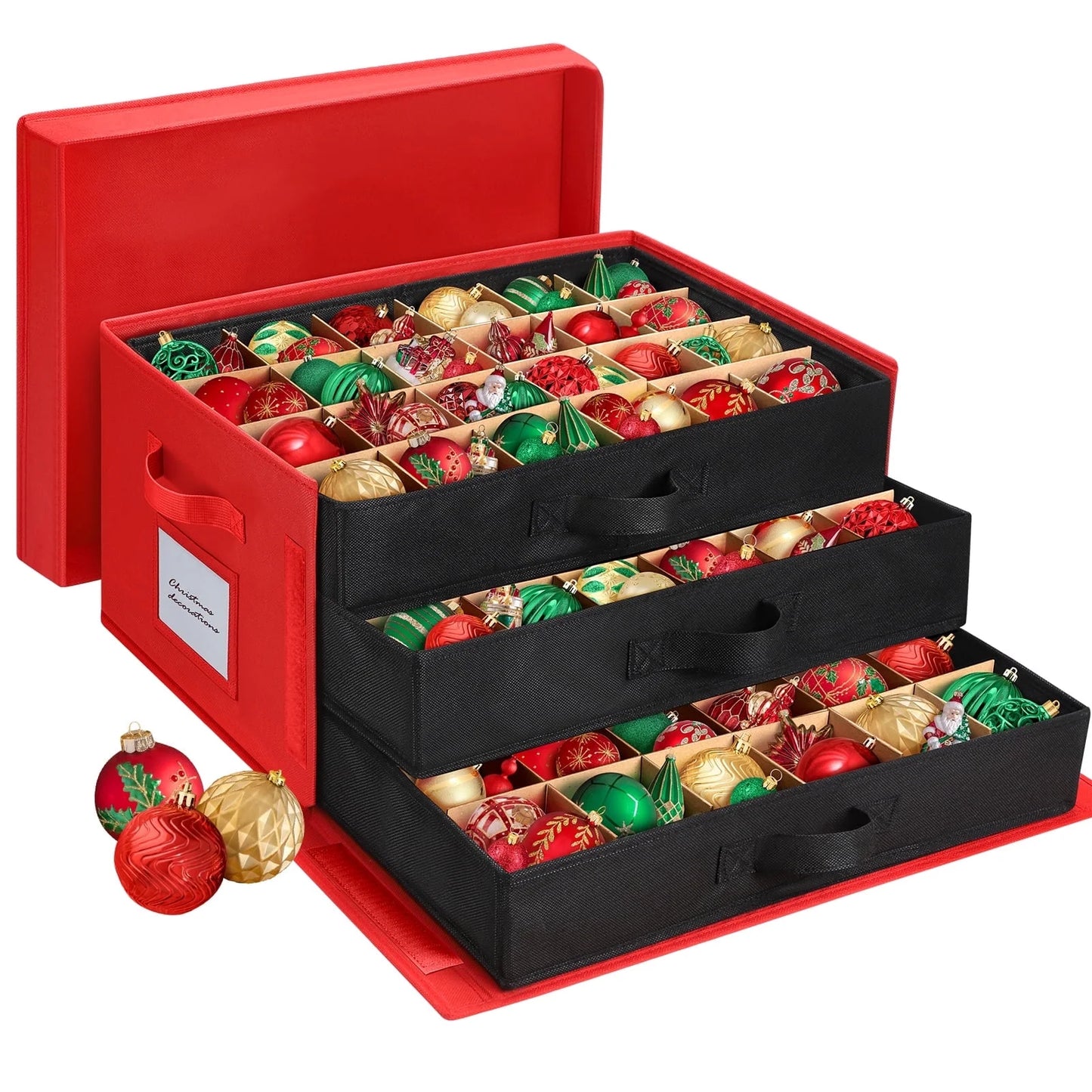 Premium Large Christmas Ornament Storage Box, Christmas Ornament Organizer, with Side Open, 3 Removable Trays - Keeps 72 Holiday Ornaments, Red