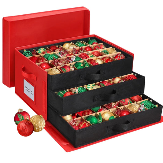 Premium Large Christmas Ornament Storage Box, Christmas Ornament Organizer, with Side Open, 3 Removable Trays - Keeps 72 Holiday Ornaments, Red