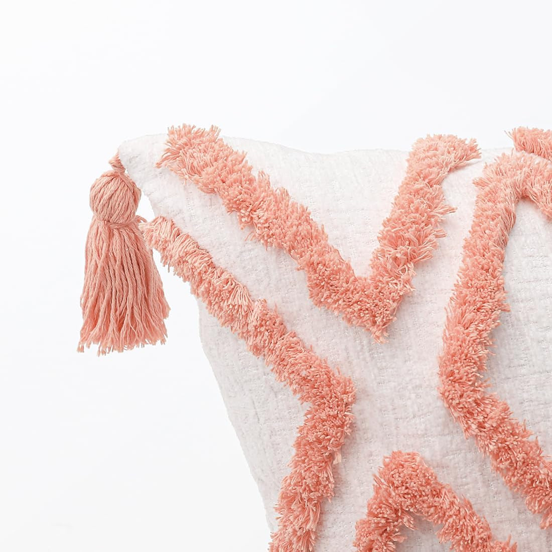 Boho Pink Lumbar Throw Pillow Cover 12X20 Inch with Tassels, Moroccan Tufted Cream Chenille Fabric Small Accent Textured Cushion Case for Bed Couch, 1 PC