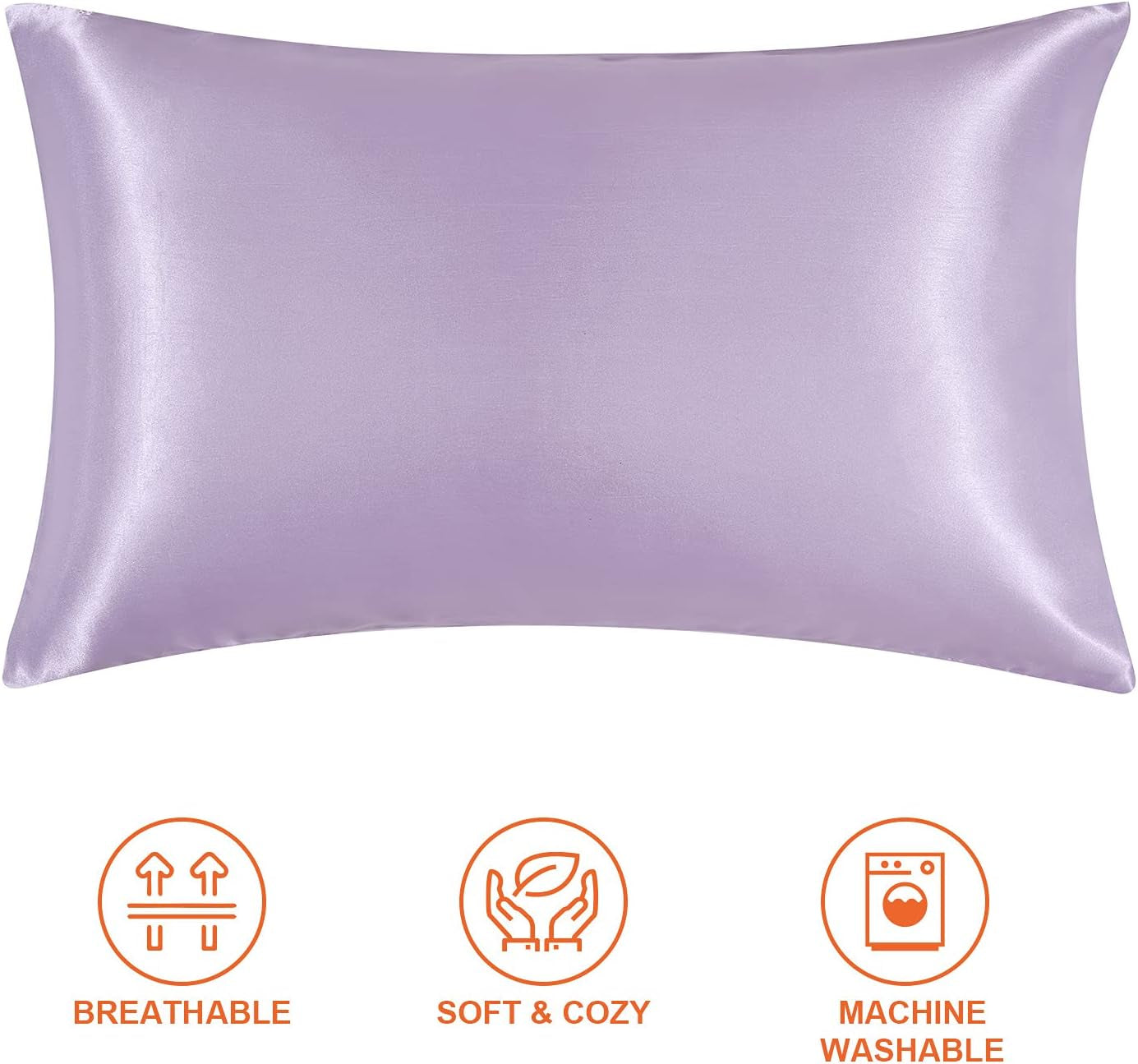 Satin Pillowcase Queen Set of 2, Soft Pillowcases for Hair and Skin Similar to Silk, Lavender Pillow Cases 2 Pack with Envelope Closure, 20X30 Inches