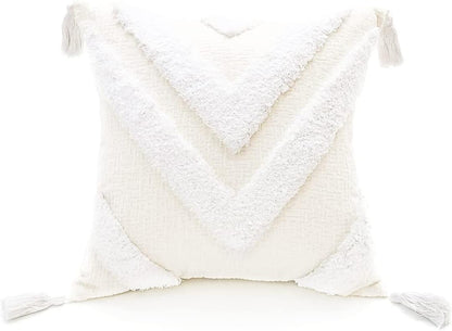Boho White Throw Pillow Cover 18X18 Inch with Tassels, Chevron Tufted Decorative Cream Soft Chenille Fabric Accent Textured Cushion Case for Bed Couch, 1 PC Cover Only No Insert