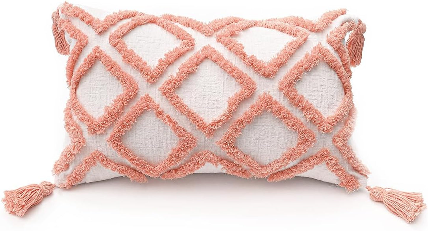 Boho Pink Lumbar Throw Pillow Cover 12X20 Inch with Tassels, Moroccan Tufted Cream Chenille Fabric Small Accent Textured Cushion Case for Bed Couch, 1 PC
