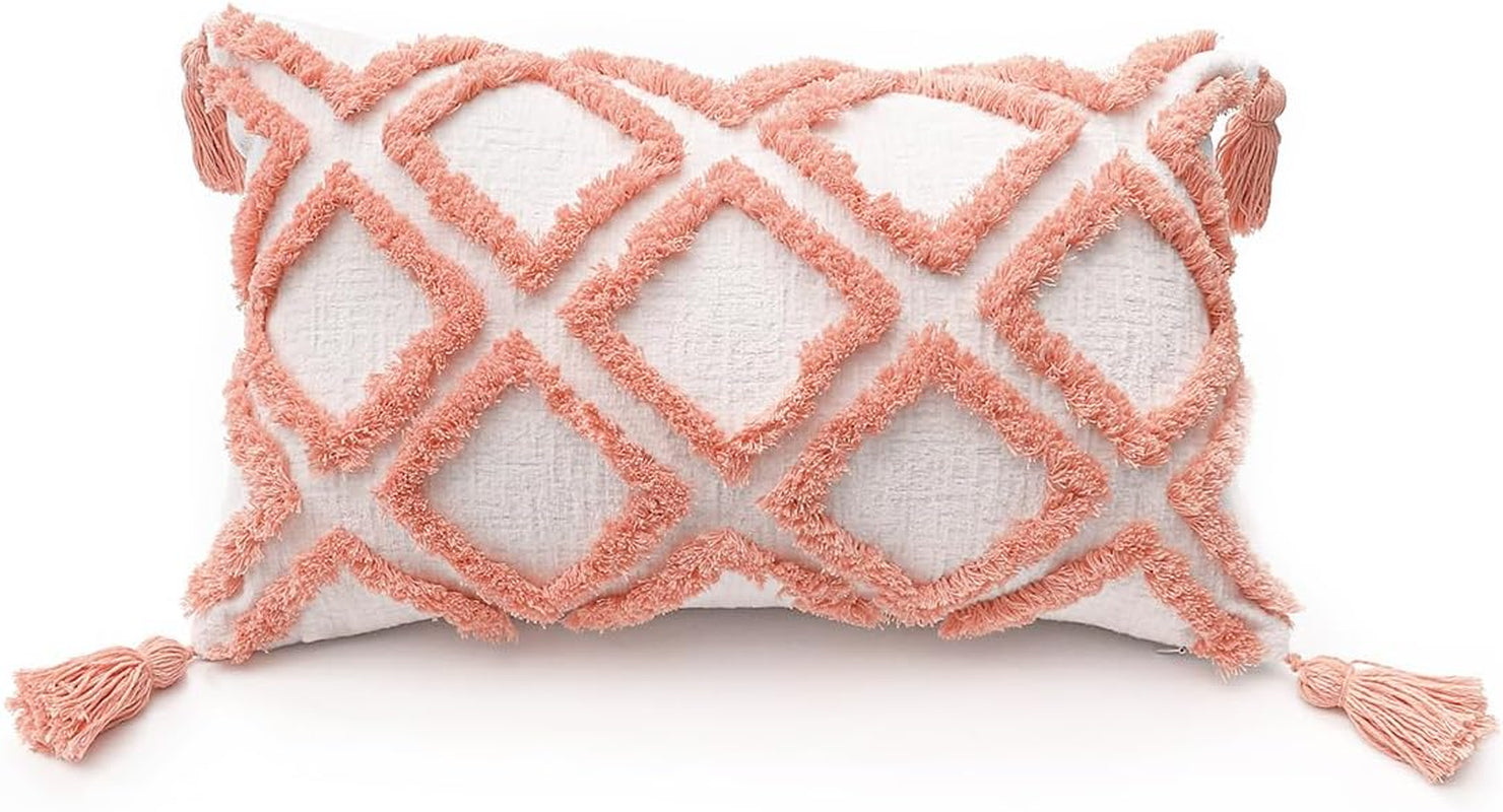 Boho Pink Lumbar Throw Pillow Cover 12X20 Inch with Tassels, Moroccan Tufted Cream Chenille Fabric Small Accent Textured Cushion Case for Bed Couch, 1 PC